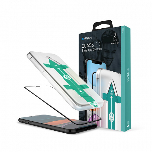 Купить Защитное стекло 3D (2 шт)Full Glue Easy App для Apple iPhone 11 Pro Max, 0.3 мм, черная рамка, Deppa