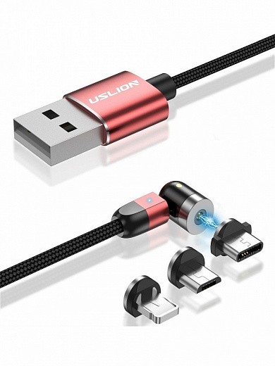 Купить Магнитный USB-кабель 540 гр. с набором разъемов (Type C, Micro USB, iPhone) Uslion, красный