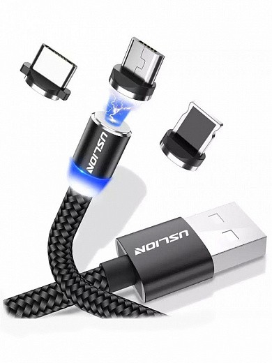 Купить Магнитный USB-кабель 360 гр. для быстрой зарядки 3.0 с 3-мя разъемами Uslion, 1 м
