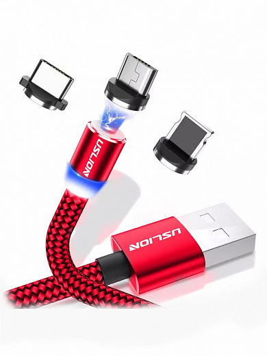 Купить Магнитный USB-кабель 360 гр. для быстрой зарядки 3.0 с 3-мя разъемами Uslion, (красный), 1 м