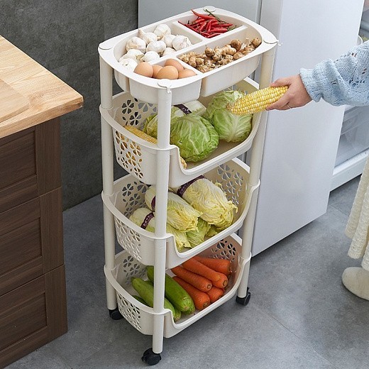 Купить Пластиковая этажерка на колёсиках для хранения овощей, 4 корзины