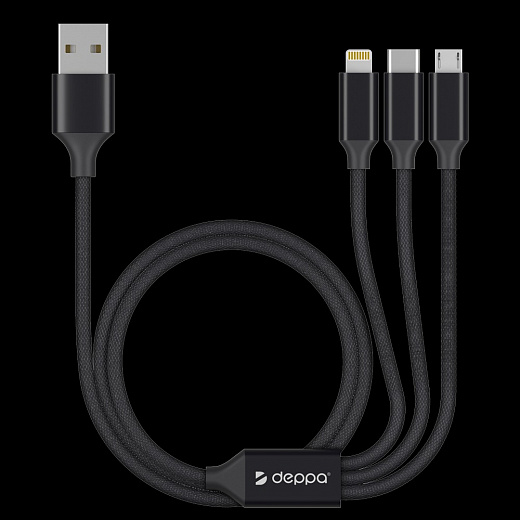 Купить Дата-кабель 3 в 1: micro USB, USB-C, Ligthning, алюминий, 1.2м, черный, Deppa