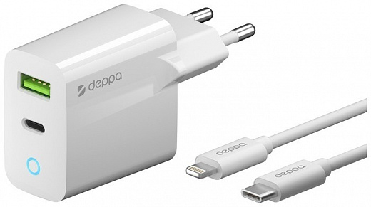 Купить Сетевая зарядка Deppa 11396 + кабель USB-C - Lightning, белый