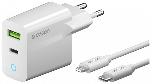 Купить Сетевая зарядка Deppa 11396 + кабель USB-C - Lightning, белый ...