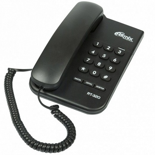 Купить Телефон проводной RITMIX RT-320 black, без дисплея, пауза, сброс, повтор номера, световой индикатор, регулировка громкости звонка  (настольн/настен)