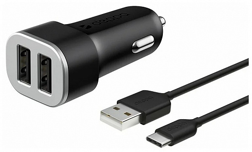 Купить АЗУ 2 USB 2.4А + кабель USB Type-C, черный, Ultra, Deppa