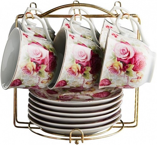 Купить Чайный сервиз Rosario Розовые розы на металлической подставке Ф5-021К/12, 6 персон, 12 предм., белый/розовый