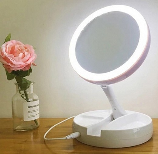 Купить Зеркало с подсветкой и подставкой для мелочей круглое (USB, батарейки)