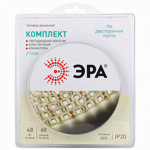 Купить Светодиодная лента ЭРА 4,8W/m 60LED/m 2835SMD теплый белый 5M 2835kit-4,8-60-12-IP20-2700-5m Б0043062