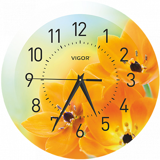 Купить Часы настенные Vigor Д-29 Оранжевое настроение, диаметр часов 290 мм, минеральное стекло, печать на стекле и пластике, кварцевый механизм