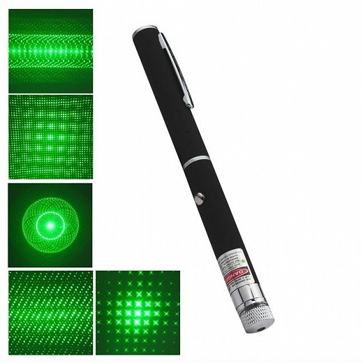 Купить Зеленый лазер - зеленая лазерная указка 5 насадок, черная