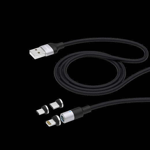 Купить Дата-кабель USB 3 в 1: micro USB, USB-C, Ligthning, 2.4A, магнитный, ткань, черный, Deppa